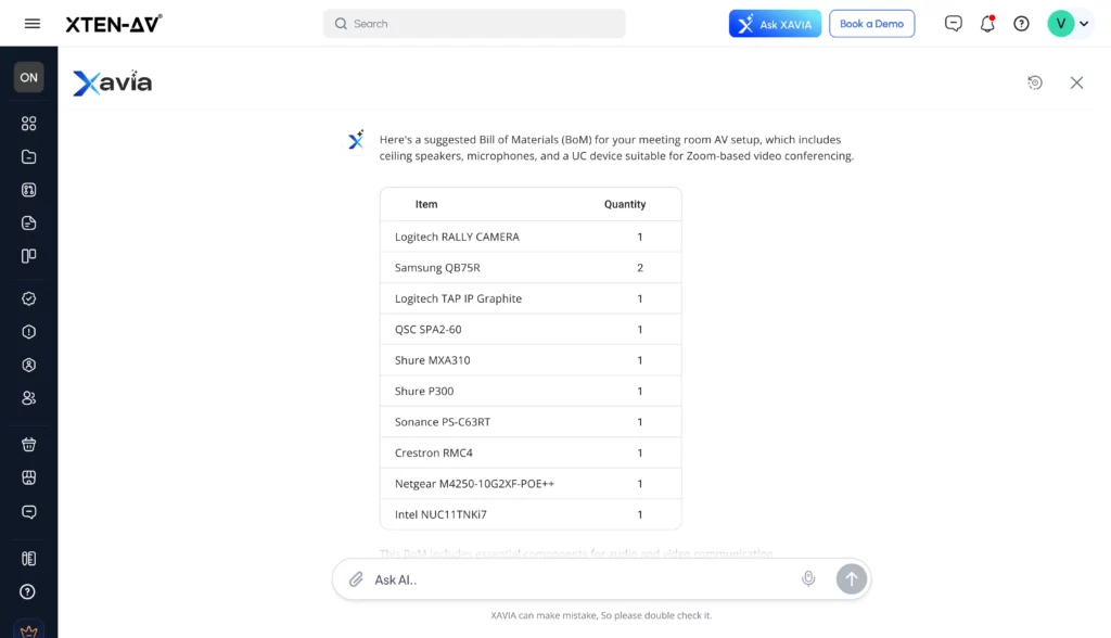 AV Project BOM Generation With XTEN-AV XAVIA AI Agent
