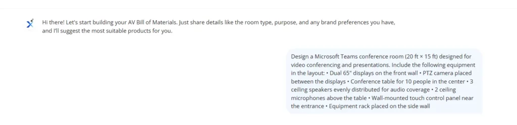 AI AV design assistant capturing Microsoft Teams conference room scope before schematic creation