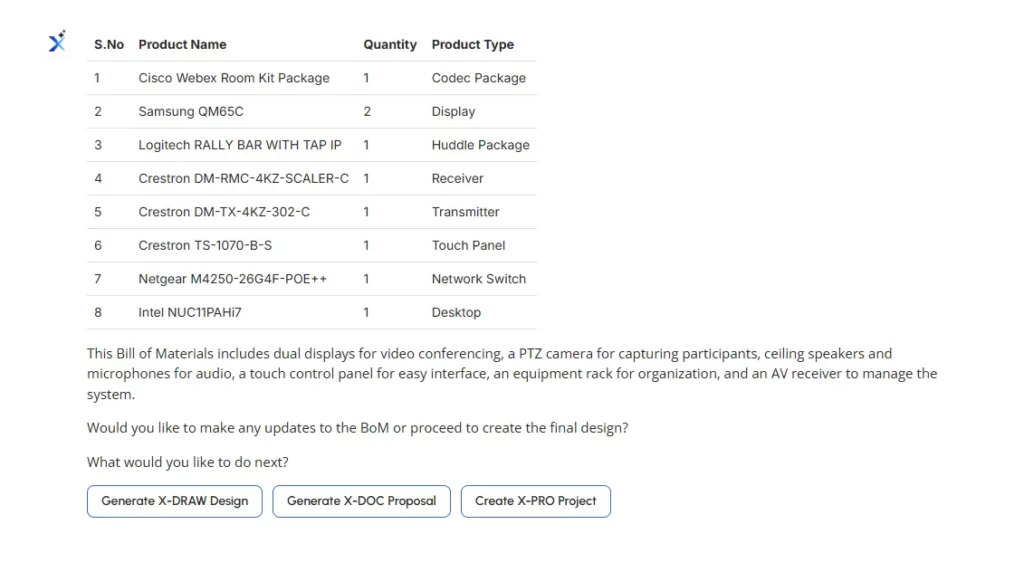 Automated AV bill of materials showing products, quantities, and equipment types before schematic design