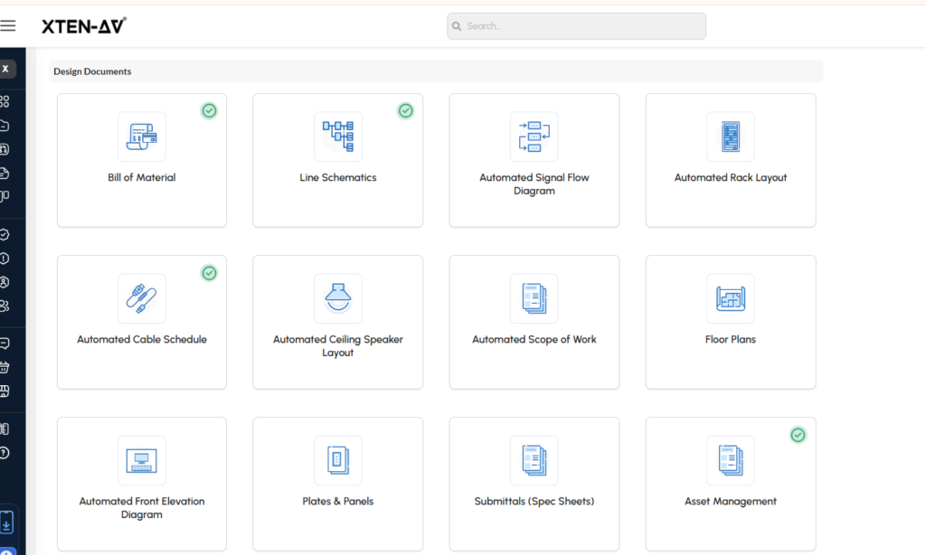 Automated AV design outputs in X-DRAW including schematics, signal flow diagrams, and rack layouts