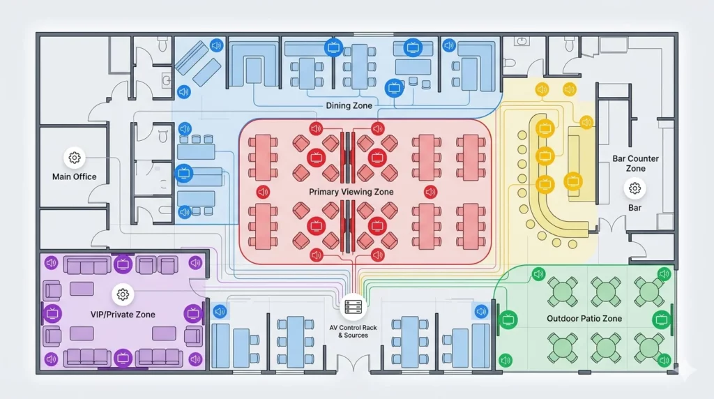 Sports bar AV zone layout showing primary viewing, dining, bar counter, VIP, and outdoor patio zones with display and audio routing