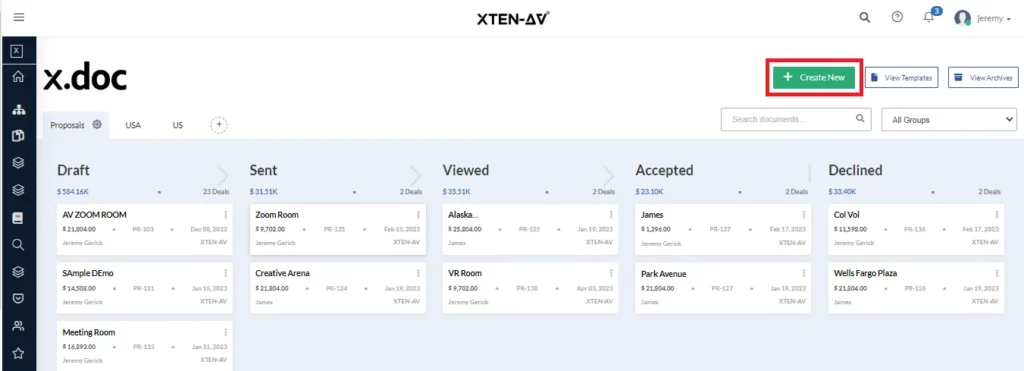 X-DOC AV proposal software dashboard used to create sports bar TV layout proposals with pricing, workflow stages, and templates