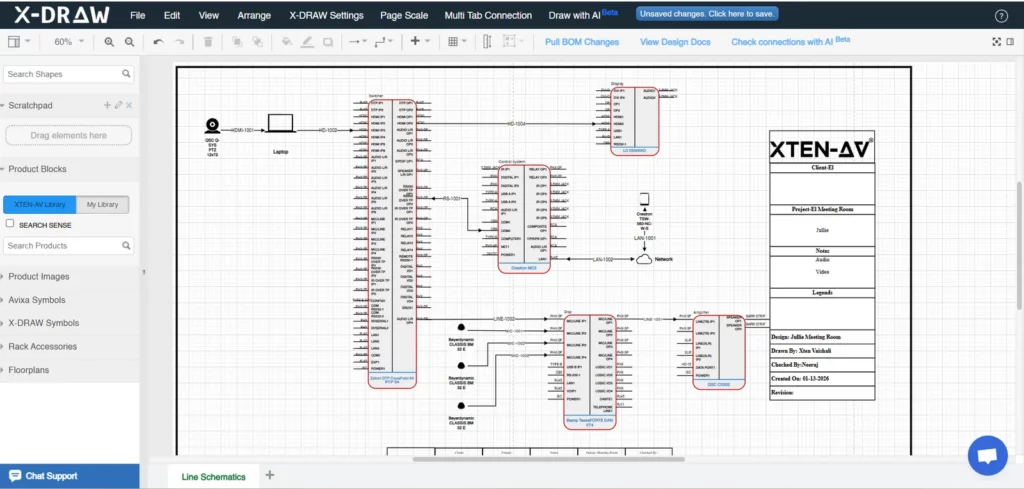 X-DRAW AV schematic design software showing a sports bar signal flow and line schematic for display, audio, and control system planning
