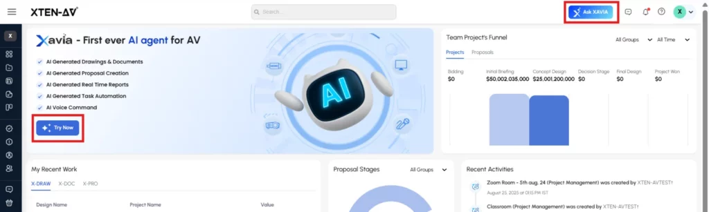 XAVIA AI agent for AV helping integrators generate sports bar AV documentation, proposals, and project workflows faster