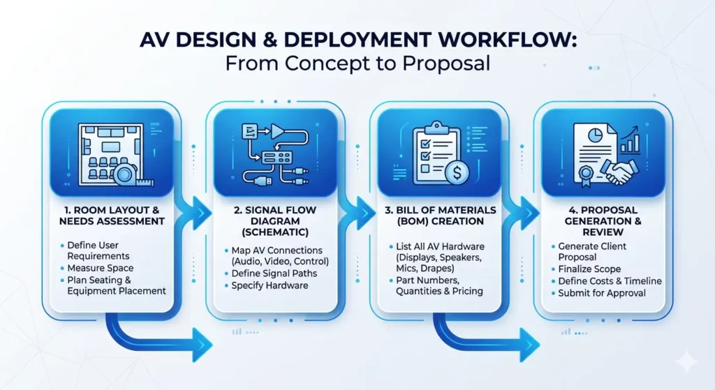 AV design and deployment workflow from room layout to signal flow diagram, BOM creation and proposal review