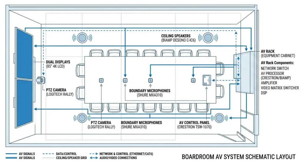 Boardroom AV system schematic layout with dual displays, PTZ cameras, boundary microphones, ceiling speakers, AV rack and control panel
