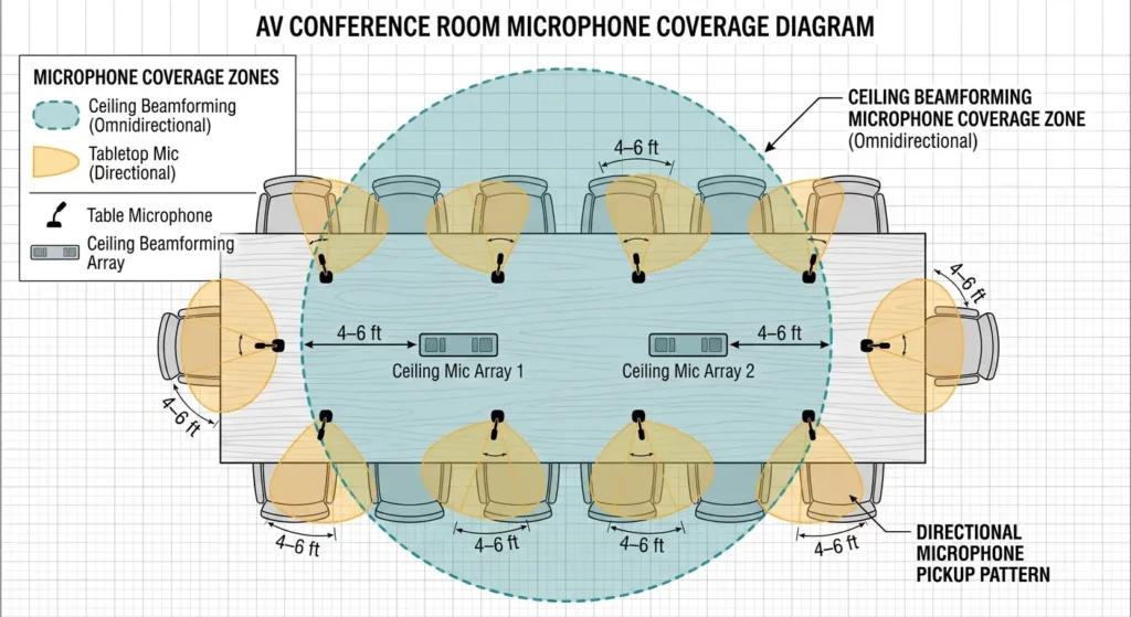 Boardroom microphone coverage diagram showing ceiling beamforming arrays and table microphones with 4 to 6 foot pickup zones