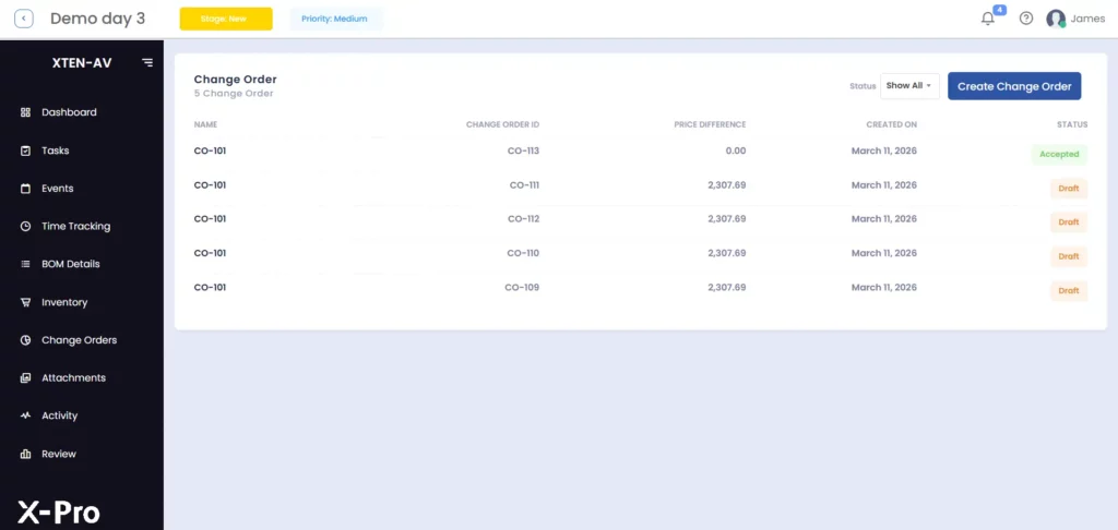Change order budget tracking for AV projects showing real-time cost impact on margin and project financials