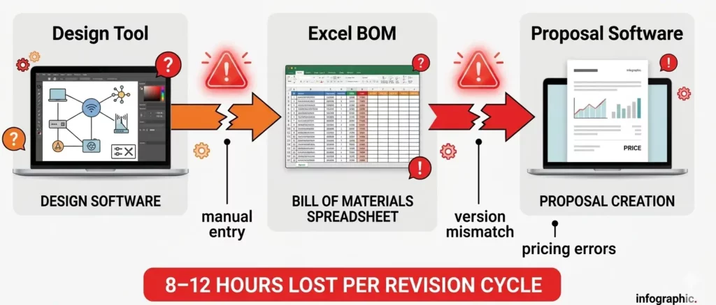 Disconnected AV workflow showing design software, Excel BOM, and proposal software causing manual entry, version mismatches, pricing errors, and 8 to 12 hours of lost time per revision cycle