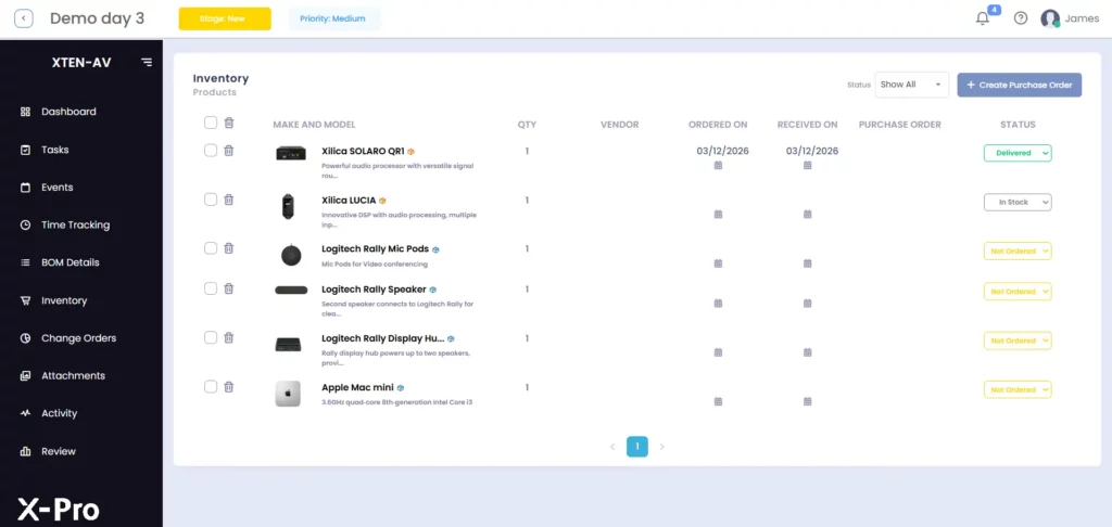 Live AV BOM and procurement tracking tied to project budget for accurate material cost control