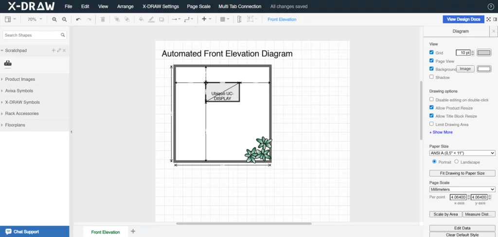 AV front elevation drawing for a dual-display boardroom wall