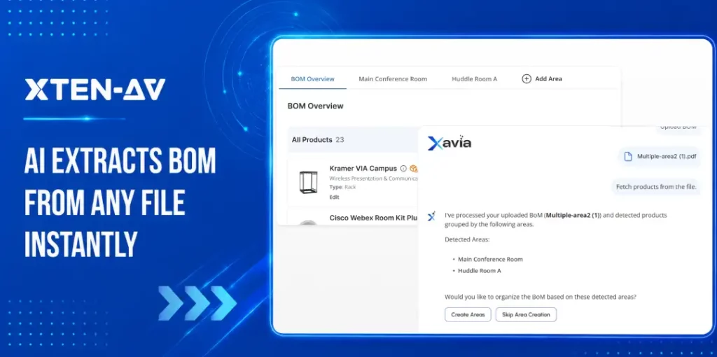 XAVIA AI BOM upload extracting AV products from an external file into a design-ready BOM in X-DRAW