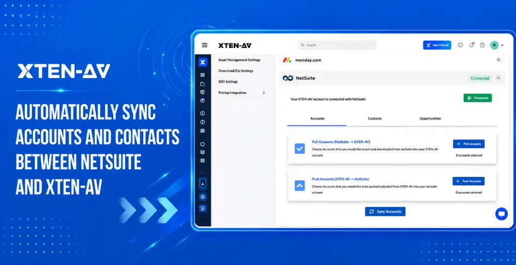 XTEN-AV NetSuite CRM integration dashboard syncing accounts and contacts between NetSuite and XTEN-AV