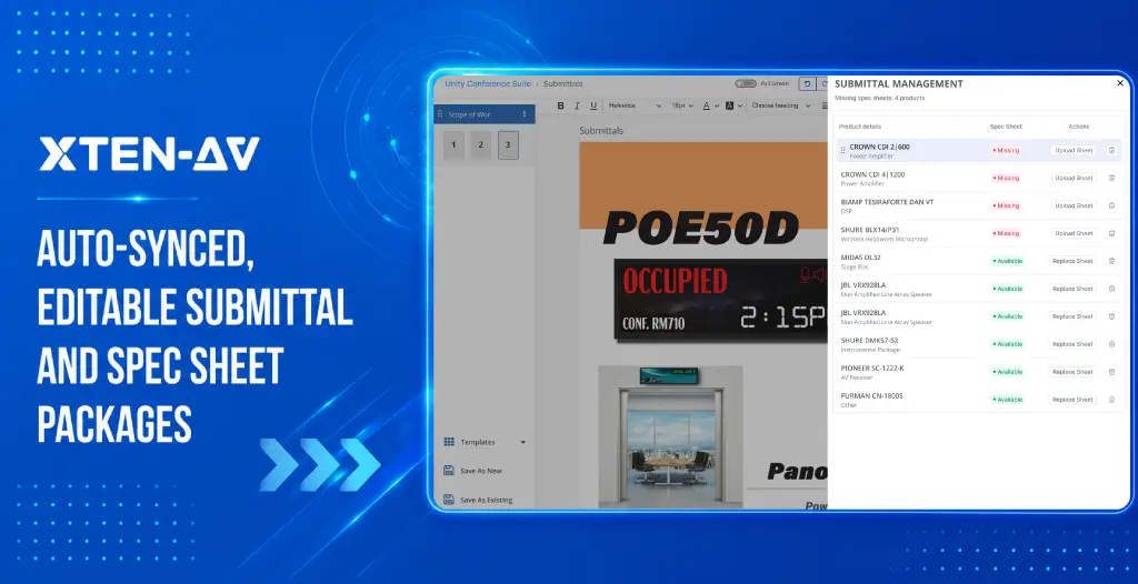 XTEN-AV X-DRAW AV submittal management screen for auto-synced editable BOM-linked spec-sheet packages
