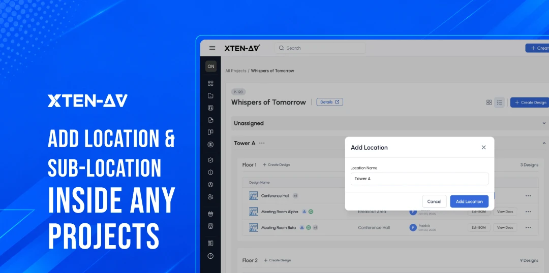 XTEN-AV location and Sub location based AV project management for multi-site project delivery