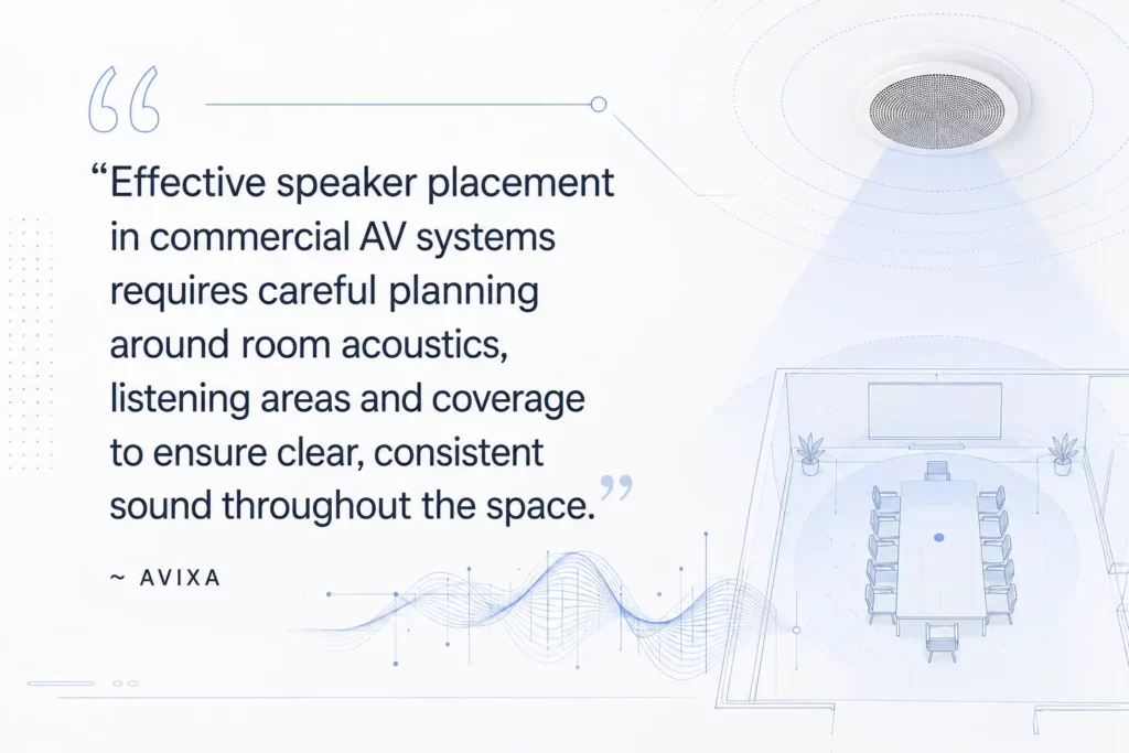 AVIXA quote banner about commercial AV speaker placement, room acoustics, listening areas and sound coverage